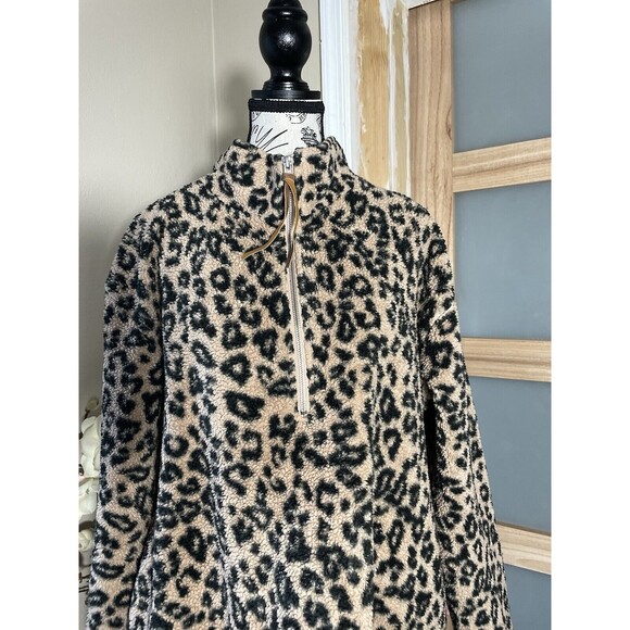 Maurices XL Sherpa Leopard 1/4 Zip Pullover Top Pockets Soft Black Tan - Picture 2 of 9